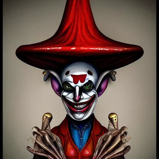 Prompt: beautiful painting of the jester mushroom joker god in the style of Welder Wings and H. R. Giger. Dark background, detailed, trending on Artstation