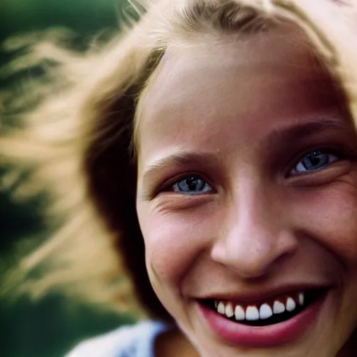 Prompt: a candid extreme closeup portrait of an expressive face of a delighted young woman by annie leibovitz