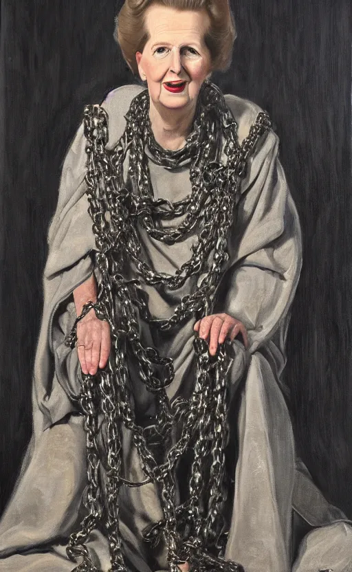 Image similar to an oil portrait of margaret thatcher in ceremonial robe keeping distressed servals in chains at her feet, high quality, artstation, higly detailed, dark lighting