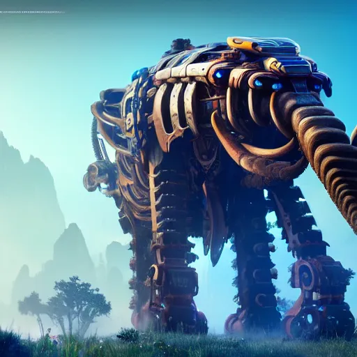 Image similar to mechanised mammoth in the style of horizon zero dawn, highly detailed, 4 k, hdr, award - winning, octane render, artstation