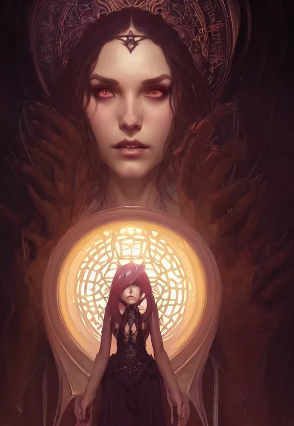 Image similar to Necromancer Sorceress in center, fantasy magic, undercut hairstyle, dark light night, intricate, elegant, sharp focus, illustration, highly detailed, digital painting, concept art, matte, art by WLOP and Artgerm and Greg Rutkowski and Alphonse Mucha, masterpiece