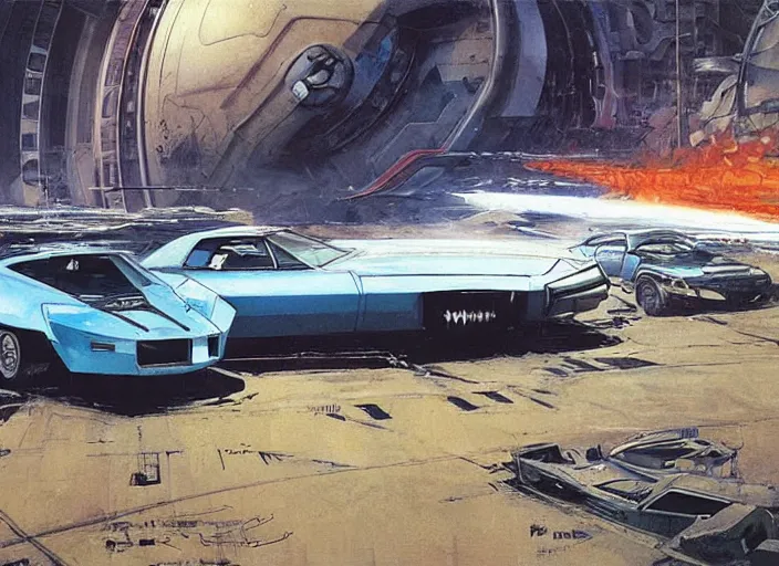 Prompt: ( ( ( ( ( 1 9 8 2 pontiac trans am, jaguar e - type, car concept art, sci - fi illustration, painting ) ) ) ) ) by vincent di fate and john berkey and rogue one and the mandalorian!!!!!!!