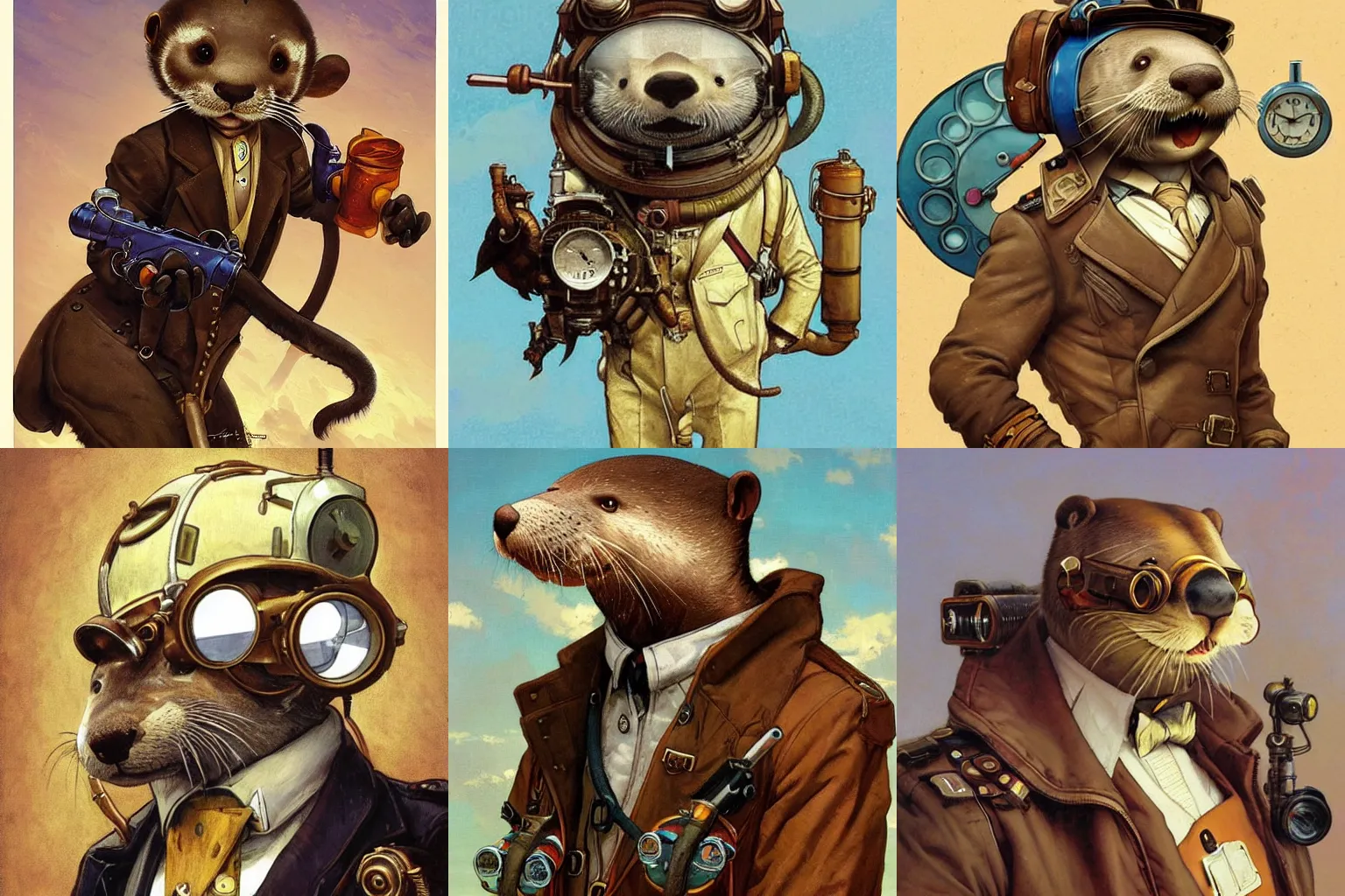 Prompt: anthropomorphic otter steampunk aviator pilot. Renowned character illustration by greg rutkowski, thomas kindkade, alphonse mucha, loish, norman rockwell. Trending on furaffinity.