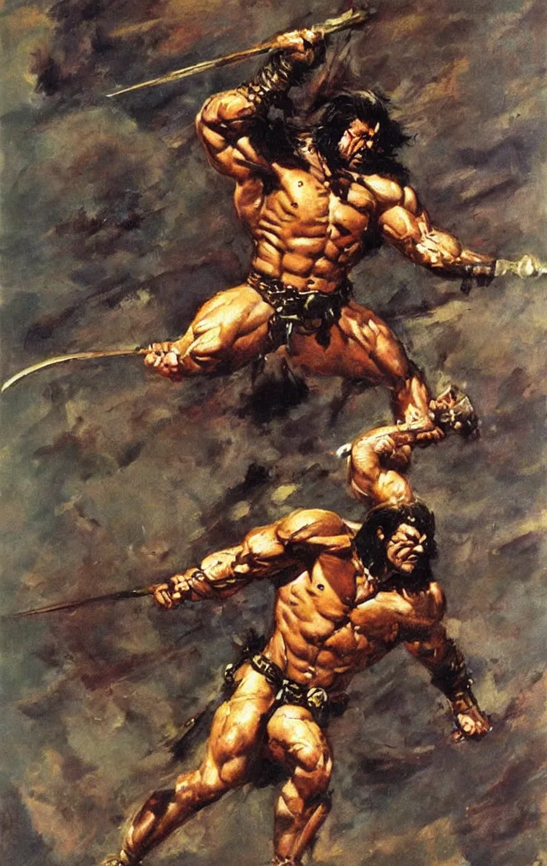 Image similar to a muscular barbarian warrior raising a spear, oil painting by frank frazetta