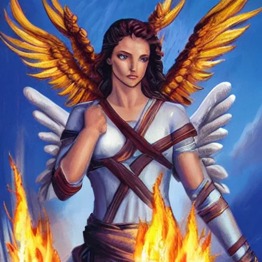 Prompt: biblically accurate angel, epic propaganda poster, holding a flaming sword, strength, health, confidence, in the style of magic the gathering cart art