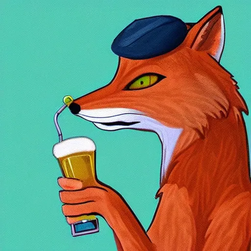 Image similar to a polygamous fox with a hat drinking beer and smoking e - cigarette, digital art, high details