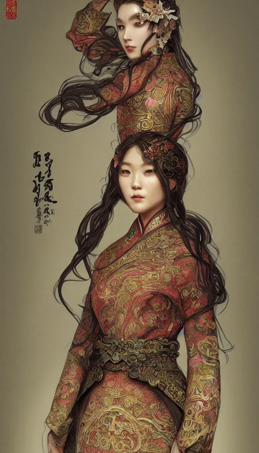 Prompt: hunter shafer, traditional chinese clothing, fame of thrones, fibonacci, sweat drops, intricate fashion clothing, insane, intricate, highly detailed, surrealistic, digital painting, artstation, concept art, smooth, sharp focus, illustration, unreal engine 5, 8 k, art by artgerm and greg rutkowski and alphonse mucha