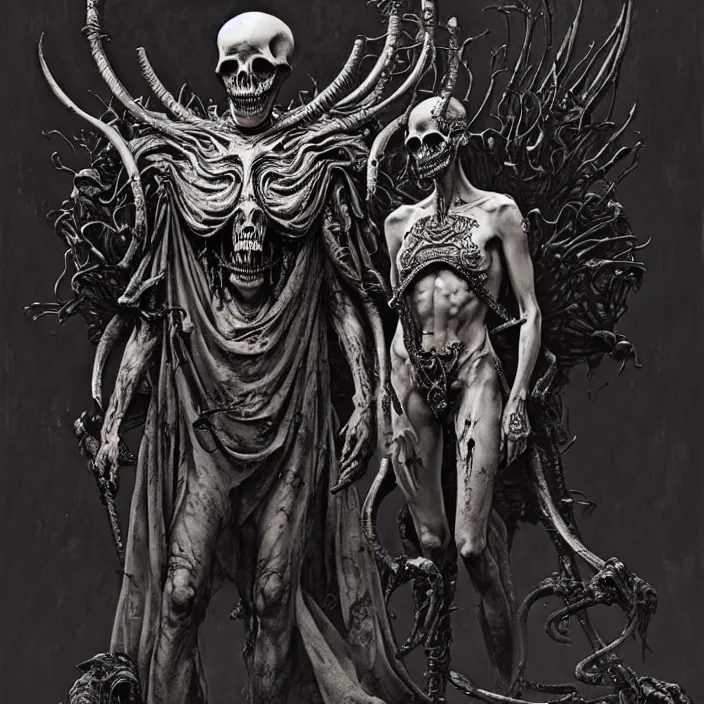 Image similar to still frame from Prometheus by Jakub Rozalski, intricate ornate Ossiarch Bonereaper by Wayne Barlowe by peter Mohrbacher by Giger, dressed by Alexander McQueen and by Neri Oxman, metal couture hate couture editorial