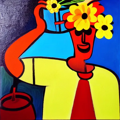 Image similar to man pouring water on head, flowers are in a pot on his head, the pot is part of his head, abstract expressionism, oil on canvas