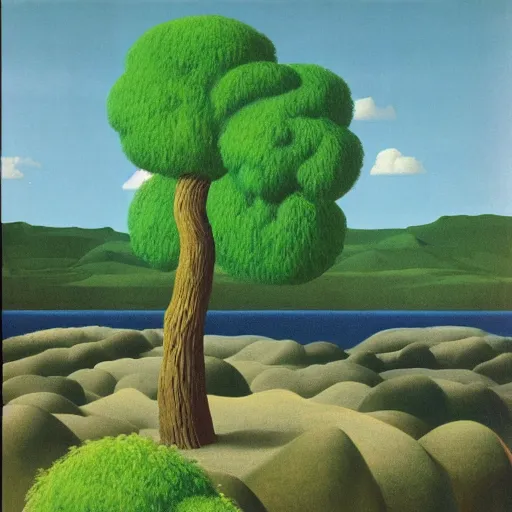 Image similar to painting of a lush natural scene on an alien planet by rene magritte. beautiful landscape. weird vegetation. cliffs and water.