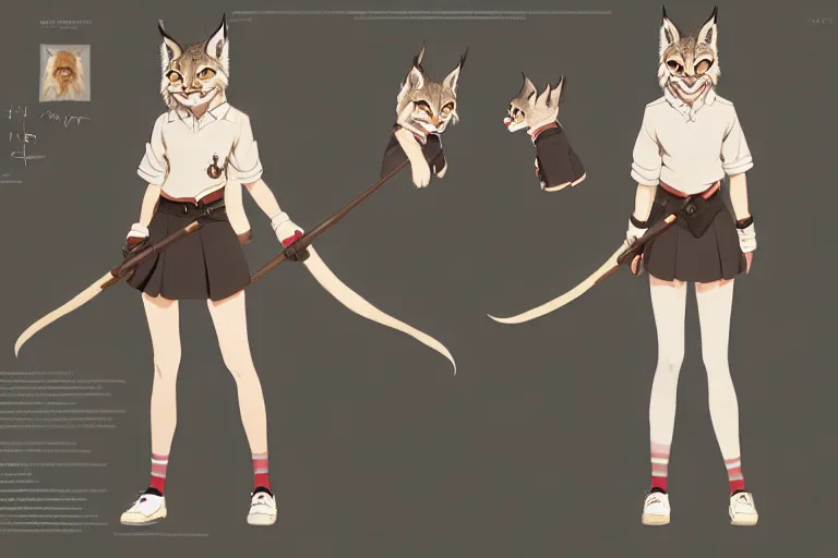 Prompt: character sheet of attractive female lynx fursona, magic school uniform, blonde hair, by greg rutkowski and studio ghibli, digital art, trending on artstation, highly detailed, concept art, beautiful, masterpiece