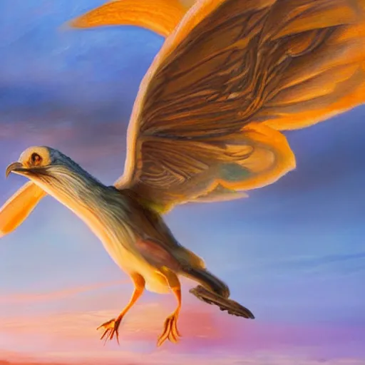 Image similar to a pancake with attached wings, flapping its wings flying in sunset sky, oil on canvas, portrait, intricate, 8k highly professionally detailed, HDR, CGsociety