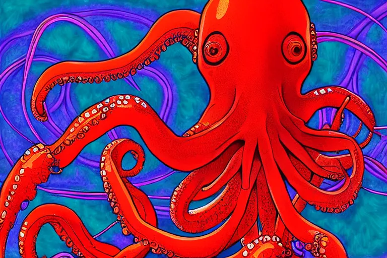 Image similar to digital art of a ominous red octopus in the deep sea alone by alex grey, (arcylic), ((synthwave)),