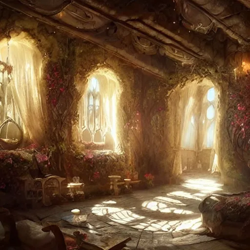 Image similar to a beautiful interior of a fairy castle's hall, wide angle, fully decorated, furnished with fairy furniture, fairy aesthetics, fairy lights, fairycore. concept art by greg rutkowski, elena dudina. high details, soft colour palette, dreamy