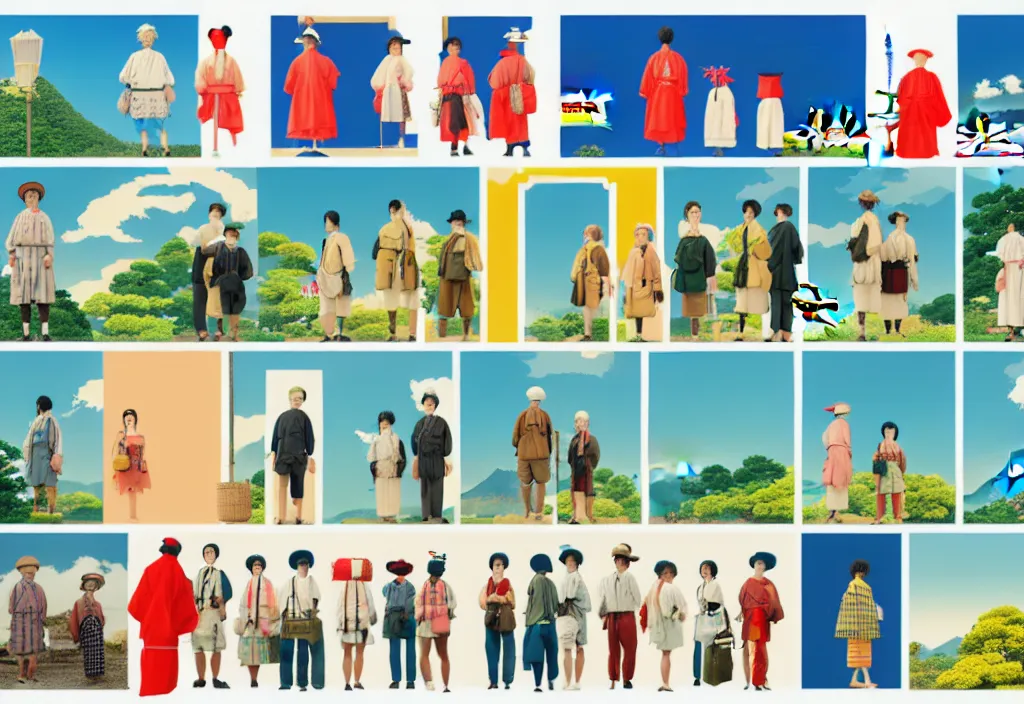 Prompt: full frame a single image, a row of a several european tourists standing with a variety of poses and props, several character designs, rural japan, a collage painting, in the style of wes anderson, lola dupre, david hockney, isolated on negative white space background dark monochrome neon spraypaint accents volumetric octane render