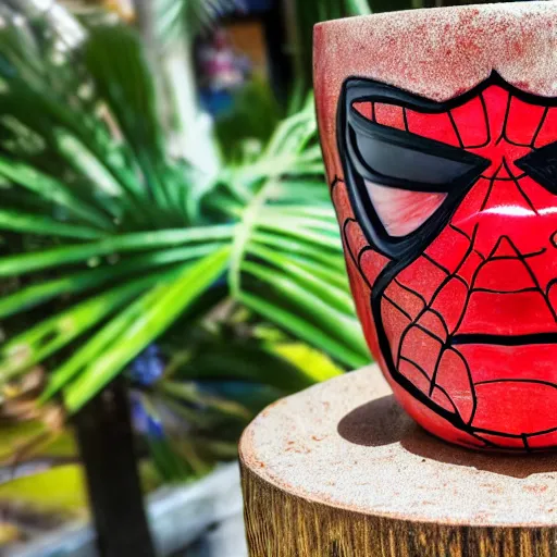 Image similar to a closeup photorealistic capture of glossy spider man style tiki mug at an outdoor trader vic's bar featuring the face of spider man. tiki theme. bright scene. fine detail. this 4 k hd image is trending on artstation, featured on behance, well - rendered, extra crisp, features intricate detail, epic composition and the style of unreal engine.