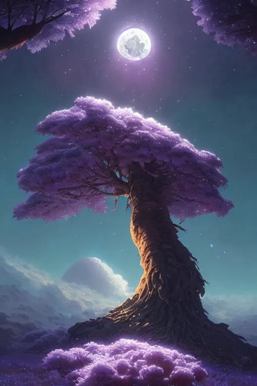 Image similar to giant tree in snow with purple flowers on the moon, unreal engine, fantasy art by greg rutkowski, loish, rhads, ferdinand knab, makoto shinkai and lois van baarle, ilya kuvshinov, rossdraws, tom bagshaw, global illumination, radiant light, detailed and intricate environment