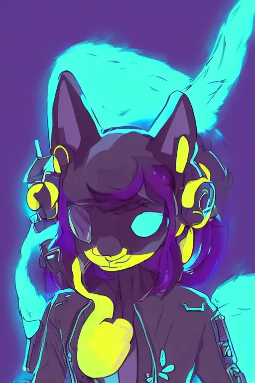 Image similar to a cute cyberpunk anthropomorphic fox with purple fur and yellow eyes and a fluffy tail, comic art, trending on furaffinity, cartoon, kawaii, backlighting, furry art!!!, cel shading, concept art, lineless