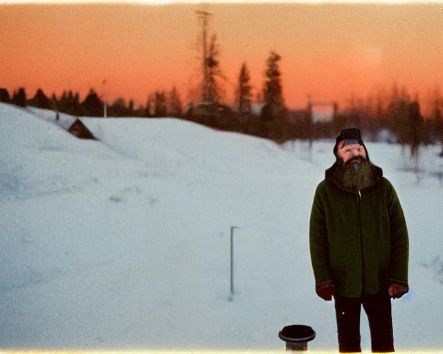 Image similar to lomo photo of 4 0 years russian man with beard and sweater standing on small hrushevka 9 th floor balcony full with cigarette smoke in winter taiga looking at sunset, cinestill, bokeh