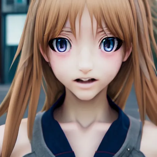 Image similar to a very beautiful 3d anime girl on the street, unreal engine 5 4k render, hazler eyes, cute smile, incredibly high detailed, studio quality, trending on artstation, medium shot, long blonde hair