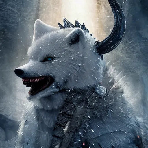 Image similar to angry devil white polar fox with sharp teeth wearing medieval armor presented as god of destruction, ice and fire, postapocalyptic world, hyperrealistic, highly detailed