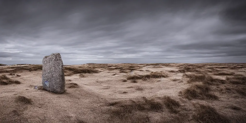 Image similar to a breathtaking photograph of windswept dunes scandinavian landscape, a withered ancient altar + stone in center, ultra wide shot, cinematic, 8 k, dramatic lighting