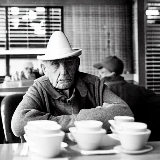 Image similar to a still of a lonely, melancholic old man staring at a slice of cake in a diner, he wears a birthday hat, infront of him is a framed photo facing him, dramatic contrasting light, 50mm, shot on a leica