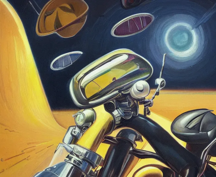 Image similar to a very detailed painting of a astronaut wearing a suit, riding a motorbike down a street, harley davidson motorbike, worm's - eye view, very fine brush strokes, very aesthetic, very futuristic, in the style of edward hopper and grant wood and syd mead, 4 k,