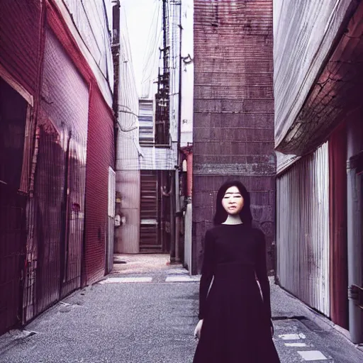 Image similar to a perfect 8K HD professional photo of japanese girl posing, wearing dress in sci-fi dystopian alleyway, at instagram, Adobe Lightroom, taken with kodak portra