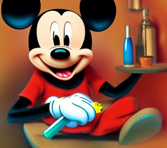 Image similar to Mickey Mouse smoking a weed joint in his apartment, stoned eyes, smoke, bongs on the table, highly detailed, amazing digital art, trending on artstation