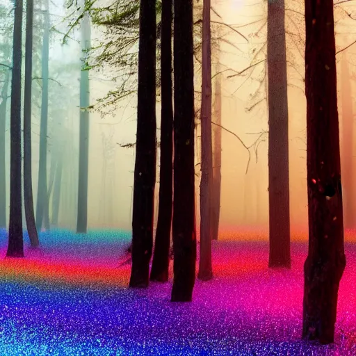 Image similar to old forest with glowing trees and glitter dust in cosmic color fog, tree bark made of rainbow glitter