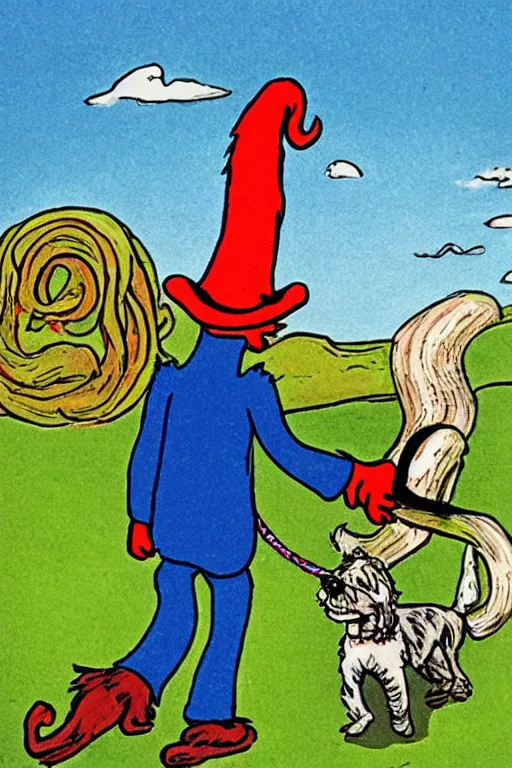 Image similar to a man walking his dog by dr. seuss