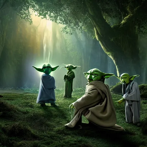 Image similar to various members of yoda's species interacting with eachother and performing strange rituals on their home planet, award winning nature photo 8 k hdr amazing lighting