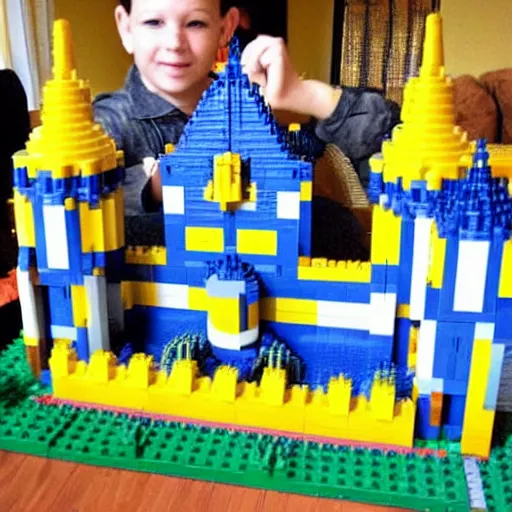 Image similar to a huge yellow castle made out of lego, 90,