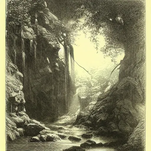 Prompt: waterfall scene, gustave dore lithography