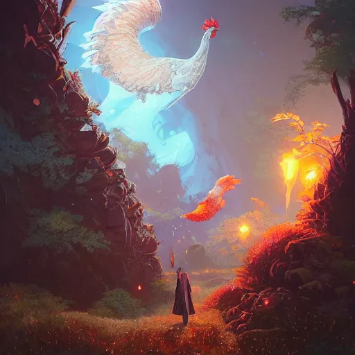 Image similar to highly detailed mage chicken, stephen bliss, unreal engine, fantasy art by greg rutkowski, loish, rhads, ferdinand knab, makoto shinkai and lois van baarle, ilya kuvshinov, rossdraws, tom bagshaw, global illumination, radiant light, detailed and intricate environment