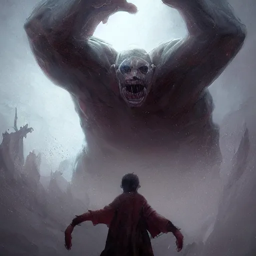 Image similar to a beautiful terrifying immense pale humanoid giant looms over a tiny human. ethereal horror fantasy art by greg rutkowski