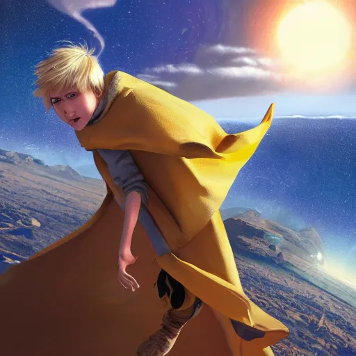 Prompt: blonde boy with bright yellow eyes wearing a brown cape and flying in t pose, space background, greg rutkowski