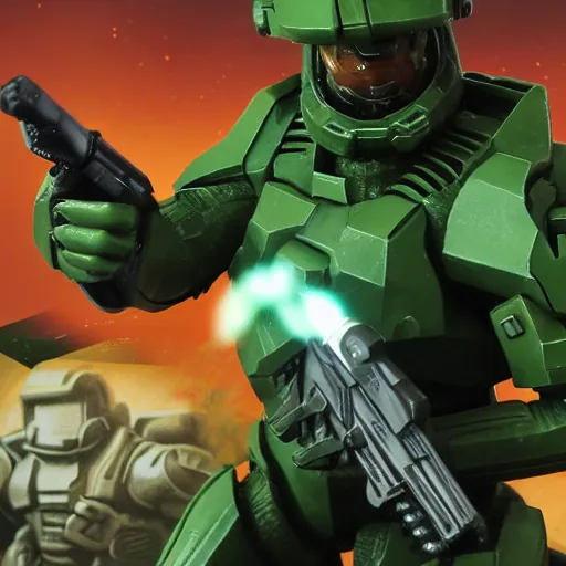 Image similar to doomguy shooting master chief at close range