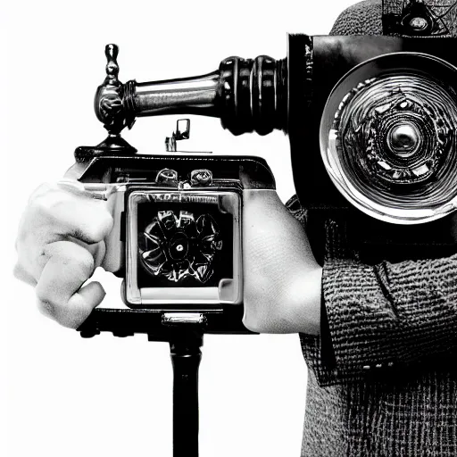 Image similar to carl pei presenting futuristic gadget with transparent design photo detailed realistic 9 0 th century black and white old vintage