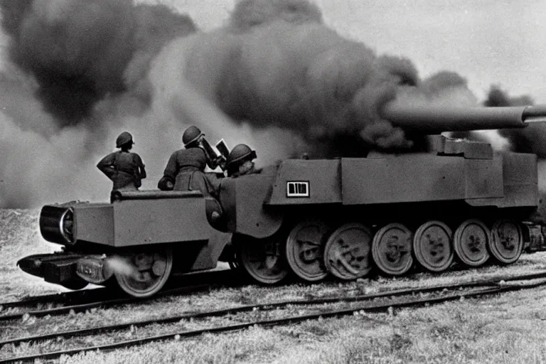 Image similar to WW2 era photograph, the face of Thomas the tank engine attached to a 800mm German super-heavy-mortar with a huge gun barrel shooting, there are german soldiers running around