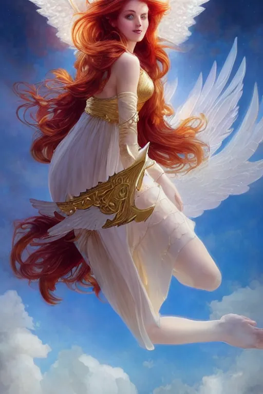 Image similar to beautiful angel princess flying in the sky, full body shot, red hair, d & d, fantasy, intricate, elegant, golden inlays, highly detailed, digital painting, artstation, concept art, matte, sharp focus, illustration, hearthstone, art by artgerm and greg rutkowski and alphonse mucha