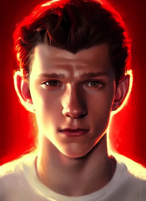 Image similar to portrait of tom holland with hazel eyes, hazel eyes, red shirt, intricate, elegant, glowing lights, highly detailed, digital painting, artstation, concept art, smooth, sharp focus, illustration, art by wlop, mars ravelo and greg rutkowski