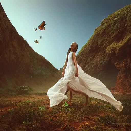 Image similar to beautiful bellidancer girl walks around Socotra among plants, flowers, trees and snags in a long transparent flowing dress and meets mystical animals, mystical insects, mystical birds, lizards, snakes, gorgeous, intricate, hypnotic dimensions, ruan jia, steve mccurry, Zdzislaw Beksinski style, sharp focus, intricate concept art, digital painting, ambient lighting, 4k, hdt, artstation trending on Gsociety, trending on ArtstationHQ, hyper quality, 16K