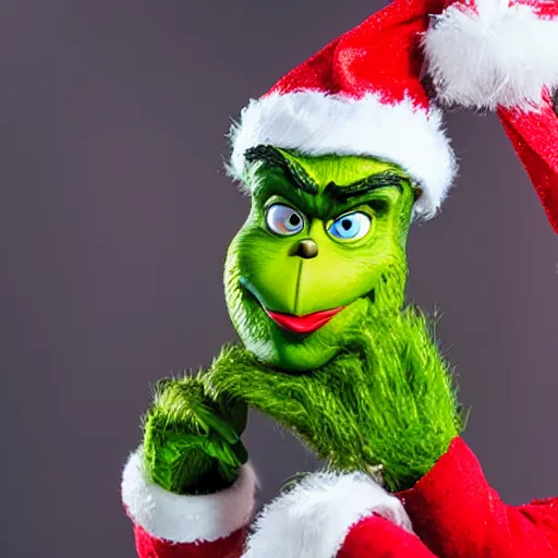 Image similar to grinch holding a miniature figurine of a santa claus 8 k