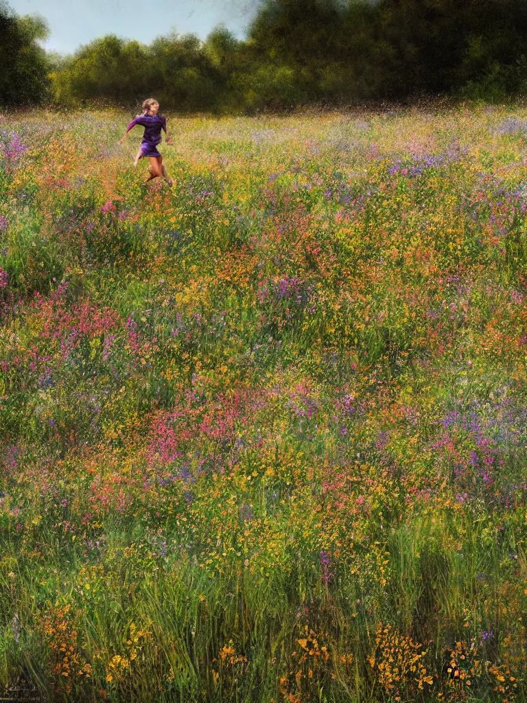 Image similar to running through the wildflowers by disney concept artists, blunt borders, rule of thirds, golden ratio, godly light