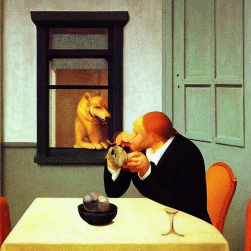 Prompt: a boring man and his dog sharing a meal by Raphael, Hopper, and Rene Magritte. detailed, romantic, enchanting, trending on artstation.