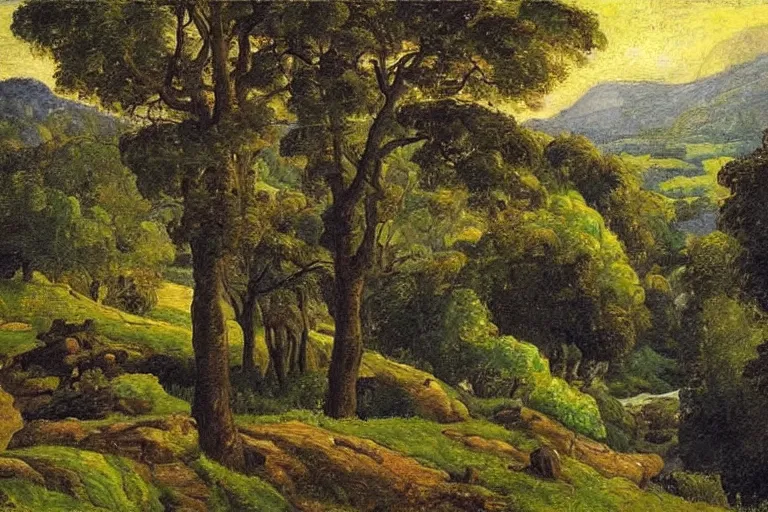 Prompt: masterpiece painting of oak trees on a hillside overlooking a creek, dramatic lighting, by frederick varley