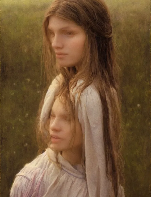 Image similar to shy and modest peasant girl long hair portrait, cottage core, cinematic focus, polaroid photo bleached vintage pastel colors high - key lighting, soft lights, foggy, by steve hanks, by lisa yuskavage, by serov valentin, by tarkovsky, 8 k render, detailed, oil on canvas