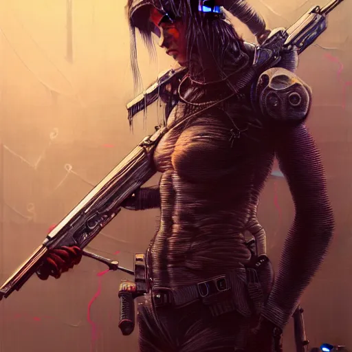 Image similar to a highly detailed long shot photo of cyberpunk female character by ayami kojima, elf, beksinski, giger, elf, wielding rifle, intricate, digital painting, artstation, concept art, smooth, sharp focus